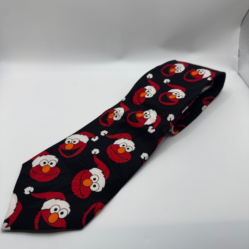Sesame Street OS Necktie Mens Black Elmo Santa Hat Christmas Silk Handmade